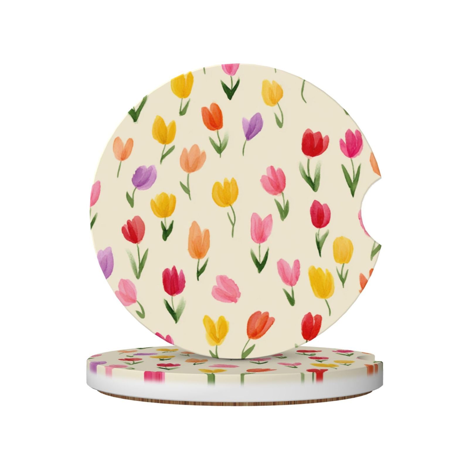 Small Colorful Tulips Watercolor Ceramic Coasters,2pcs