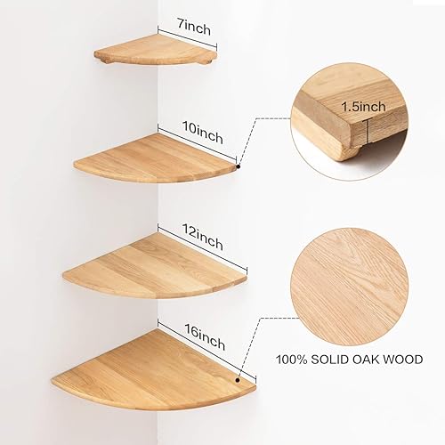 Miniatura 10 de BEUGAWHOO Estante esquinero para montaje en pared, estante flotante de madera de roble de 14 pulgadas, extremo redondo, mesita de noche pequeña,
