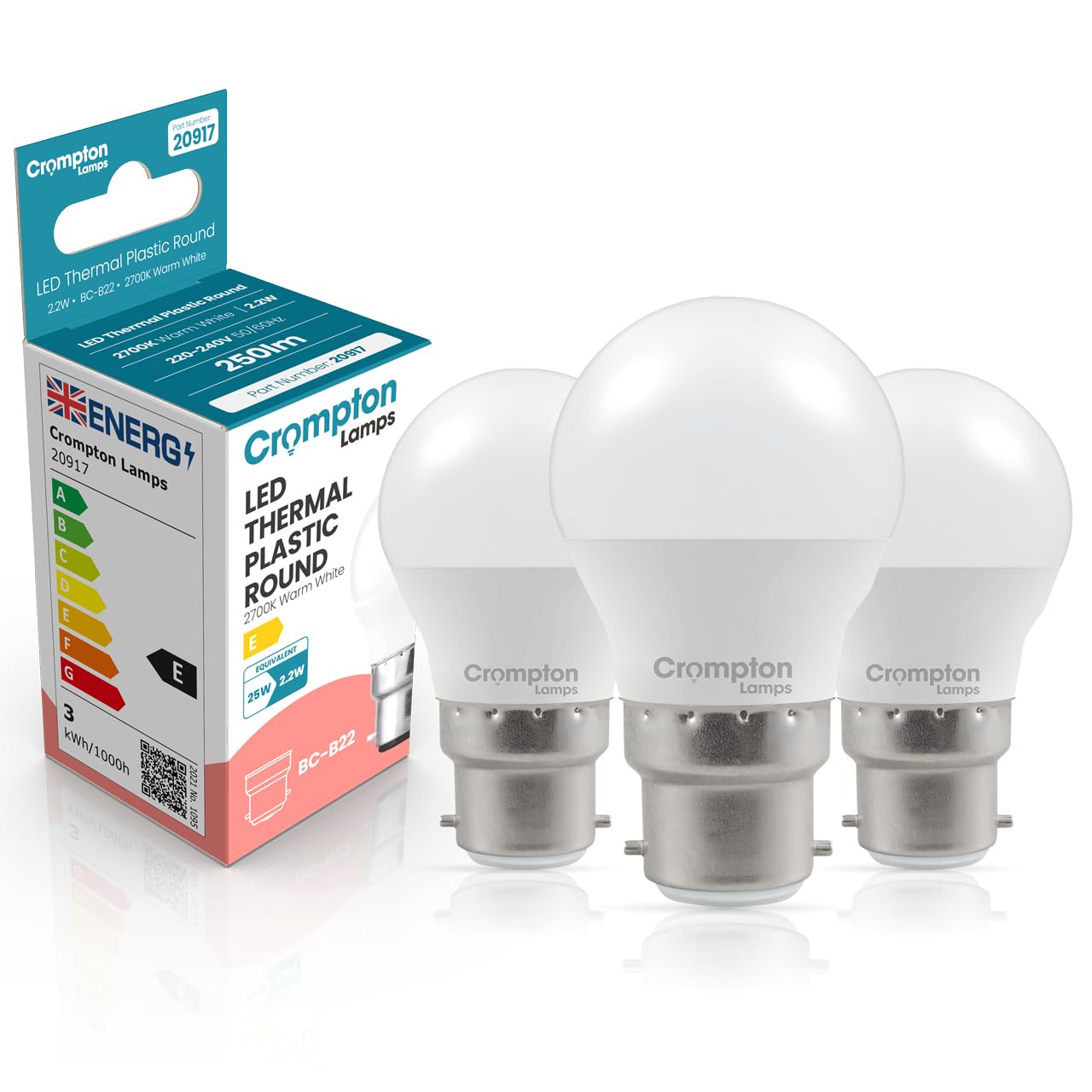 Crompton Lamps Golfball LED B22 Bulb | 2.2W = 25W Equivalent | Warm White 2700K | Energy Efficient | Bayonet Lightbulb | Long Life 15,000-Hrs | Bulbs for Lamps | 3-Pack