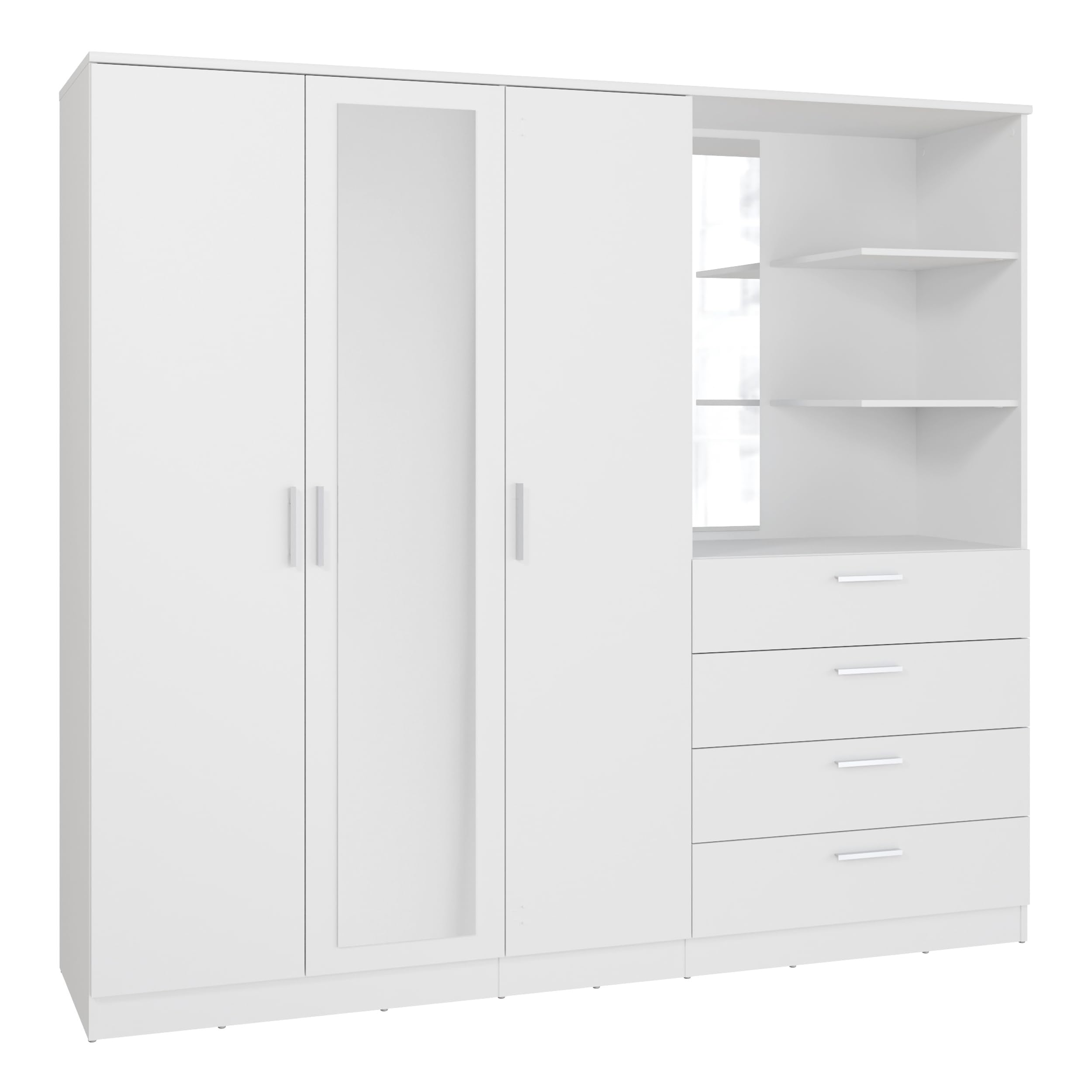 Forte Panama Kleiderschrank 200, modern-minimalistischer Kleiderschrank mit Regalkommode, 3-türig, 4 Schubladen, 2 Spiegel, Holzwerkstoff, Weiß, 199 cm breit x 181 cm hoch x 52,7 cm tief