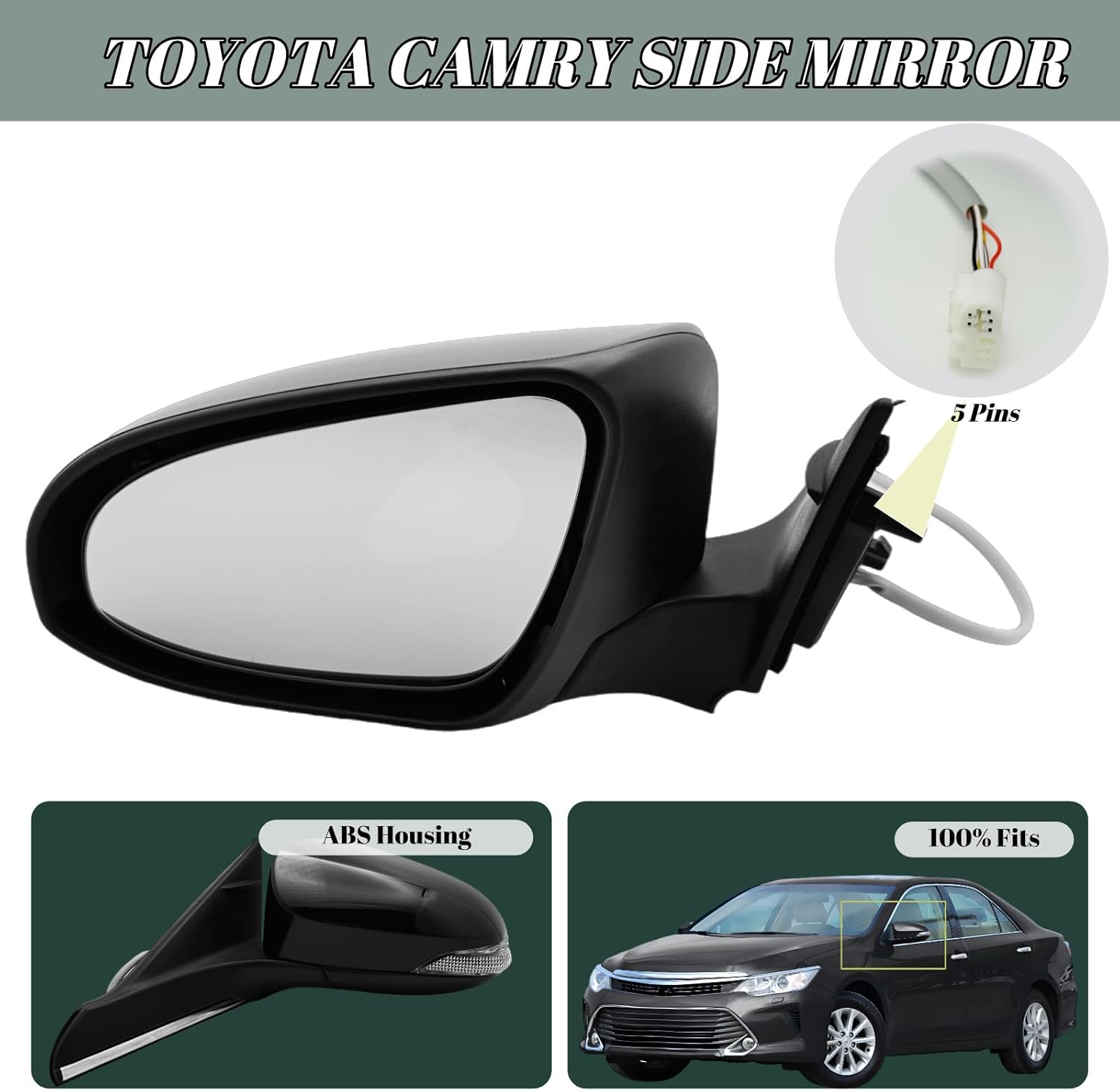 Left Driver Side Mirror Compatible With Toyota Camry 2015 2016 2017 With Power-Adjustable, Turn Signal Light, Non-Heated OE TO1320320 Black
