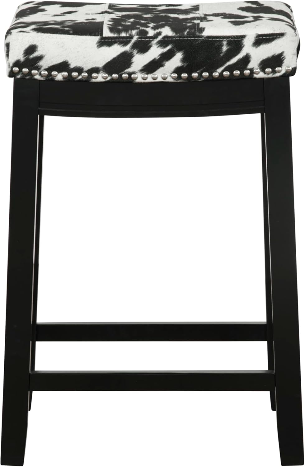 Linon Claridge Black Wooden 24 Incch Seat Height Counter Stool with Black and White Faux Cow Print Upholstered Seat