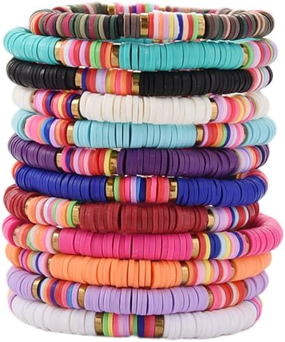 HYHONEY Heishi - Juego de 12 pulseras estilo surfista para mujer, pulseras elásticas apilables de cuentas de arcilla, joyería bohemia de verano para