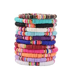 HYHONEY 12pcs Friendship Bracelets Beaded Bracelets Heishi Bracelet Cute Bracelets Stack Vinyl Clay Disc Bead Surfer Stretch Summer Beach Bracelets For Women Preppy Bracelets