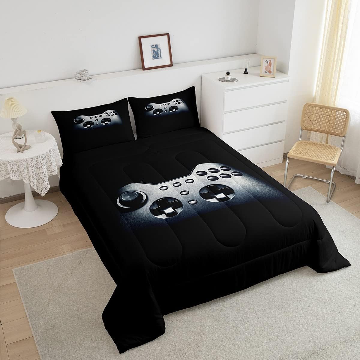 Feelyou Teens Boys Comforter Black Gamer Comforter Set Video Game Gamepad Print Bedding Set Gaming Duvet Game Controller Quilt Set Kids 3Piece 1 Comforter with 2 Pillowcases (Queen)