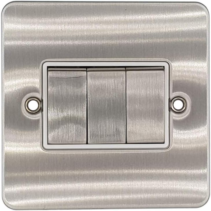 Klite Triple Light Switch 3 Gang Flat Plate Brushed Chrome White Insert Metal Rocker Switches 10A 3 Gang 2 Way Switch
