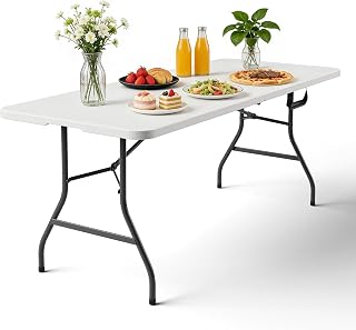 6ft Folding Table with Handle, Heavy Duty Plastic Table, 300 lbs Portable Table, Reinforced Steel Legs, High Density Plastic, Ideal for Parties, Picnics, Weddings, Camping White