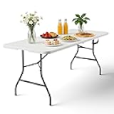 6ft Folding Table with Handle, Heavy Duty Plastic Table, 300 lbs Portable Table, Reinforced Steel Legs, High Density Plastic, Ideal for Parties, Picnics, Weddings, Camping White
