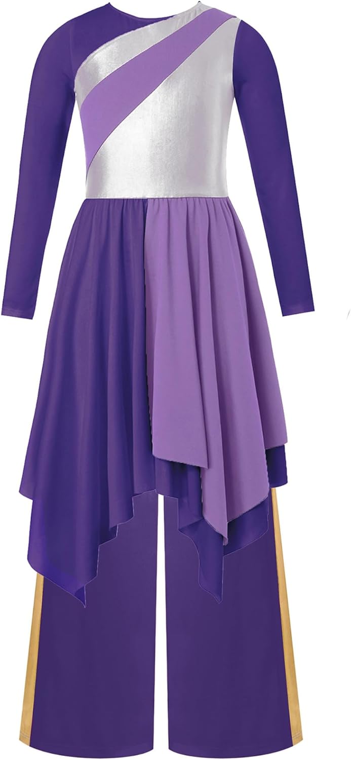 Kids Girls Lyrical Praise Dance Outfit Church Long Sleeve Worship Liturgical Dress and Wide Leg Pants