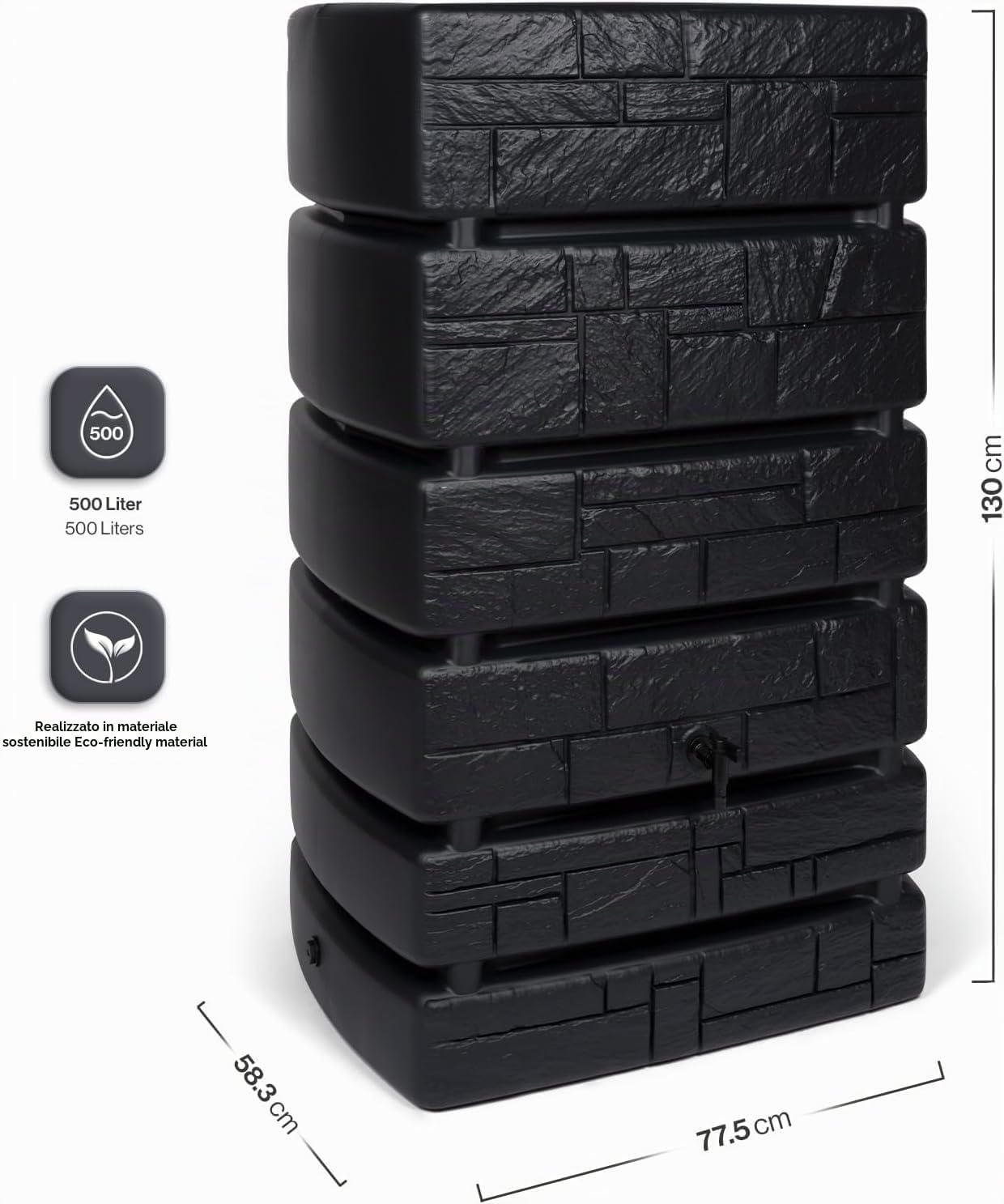 Kreher Boccetta XXL Tower Stone con rubinetto. Grande effetto pietra antracite, capacità di 500 litri. Dimensioni (LxPxA): 77,5 x 58,3 x 130 cm