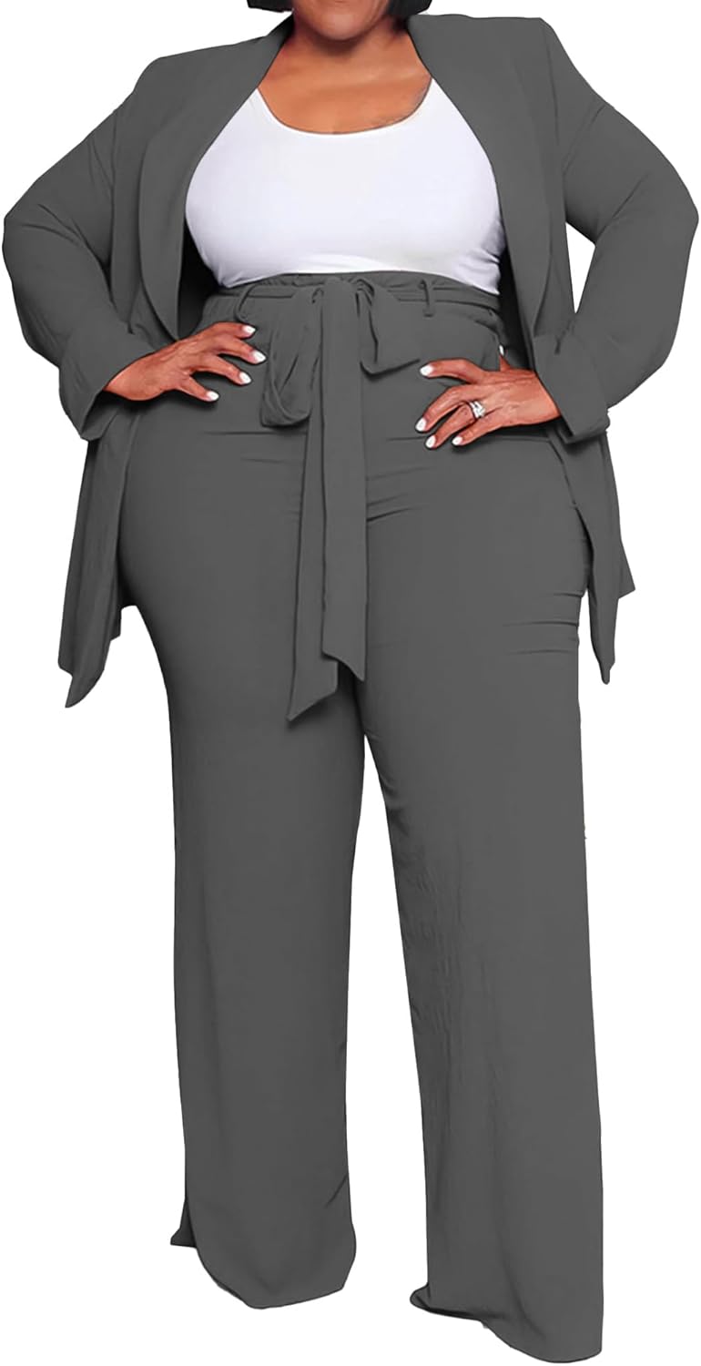 IyMoo Plus Size Suits for Women Business Open Front Long Sleeve Blazer Elastic Waist Solid Straight Leg Pant Set Suits