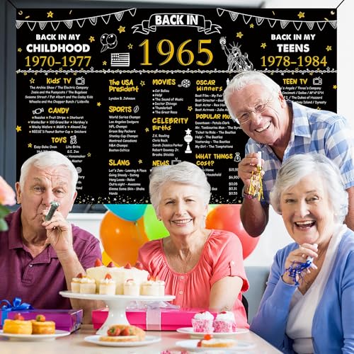 Image of DARUNAXY 61st Birthday Black Gold Party Decoration, Back in 1965 Banner Cheers to 61 Years Old Birthday Party Poster Supplies, 6 * 3.6FT Vintage 1965 Backdrop Photography Background for Men and Women