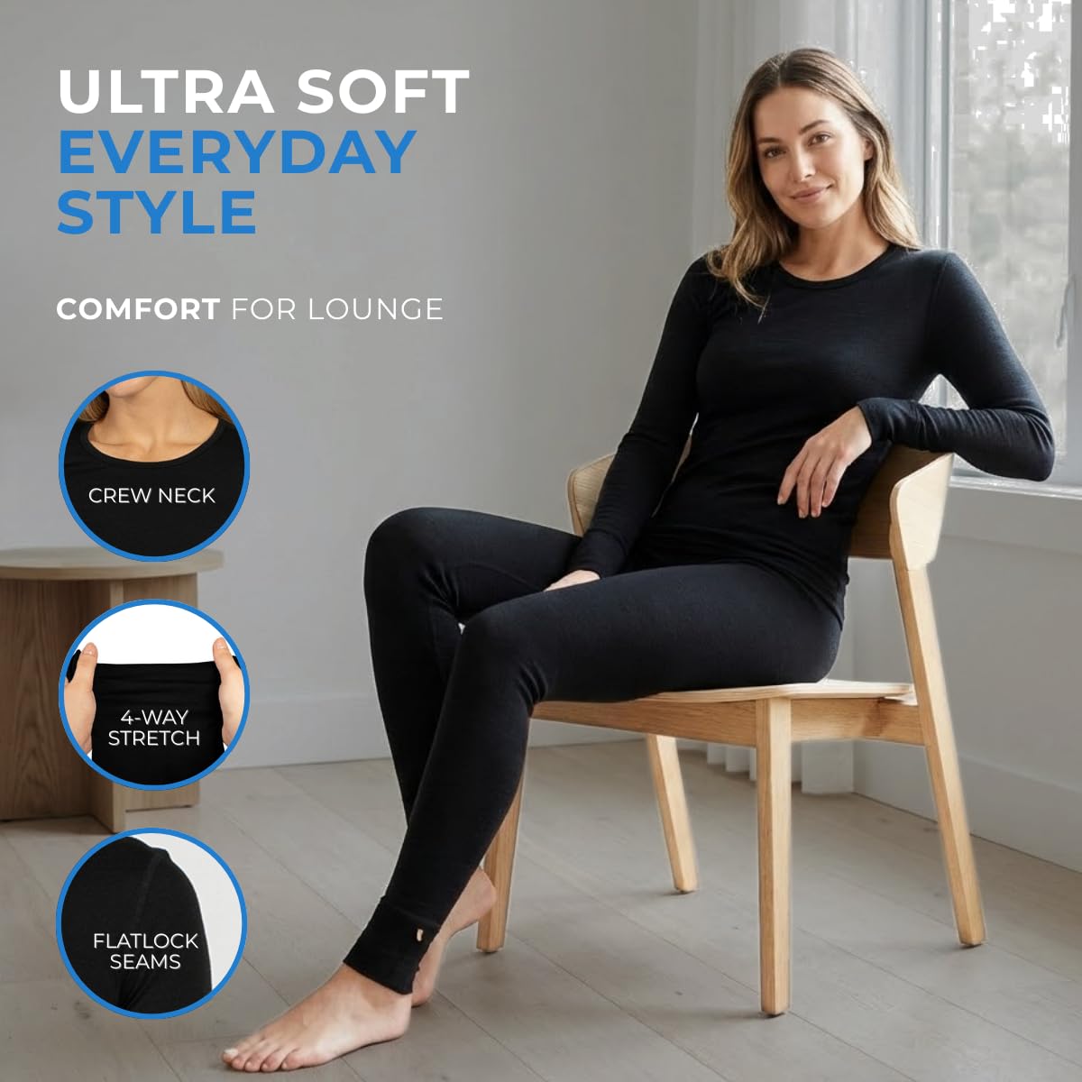menique Conjunto térmico de lana merino para mujer, camiseta de manga larga y leggings, capa base, ropa interior térmica para mujer, para esquí, yoga, senderismo
