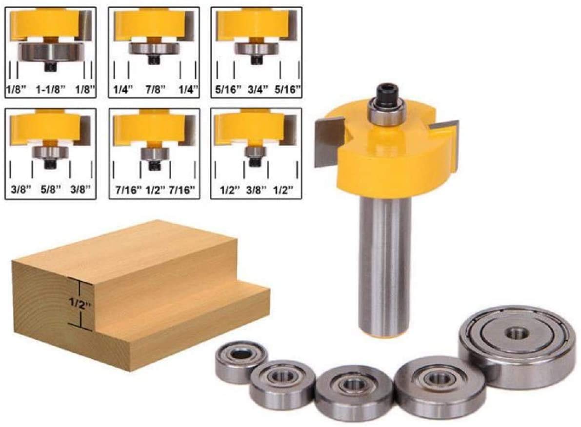 1/2" H - 1/4" Shank Rabbet Router bit with 7 Bearings Set Woodworking Tool for Solid Wood Particle Board Plywood