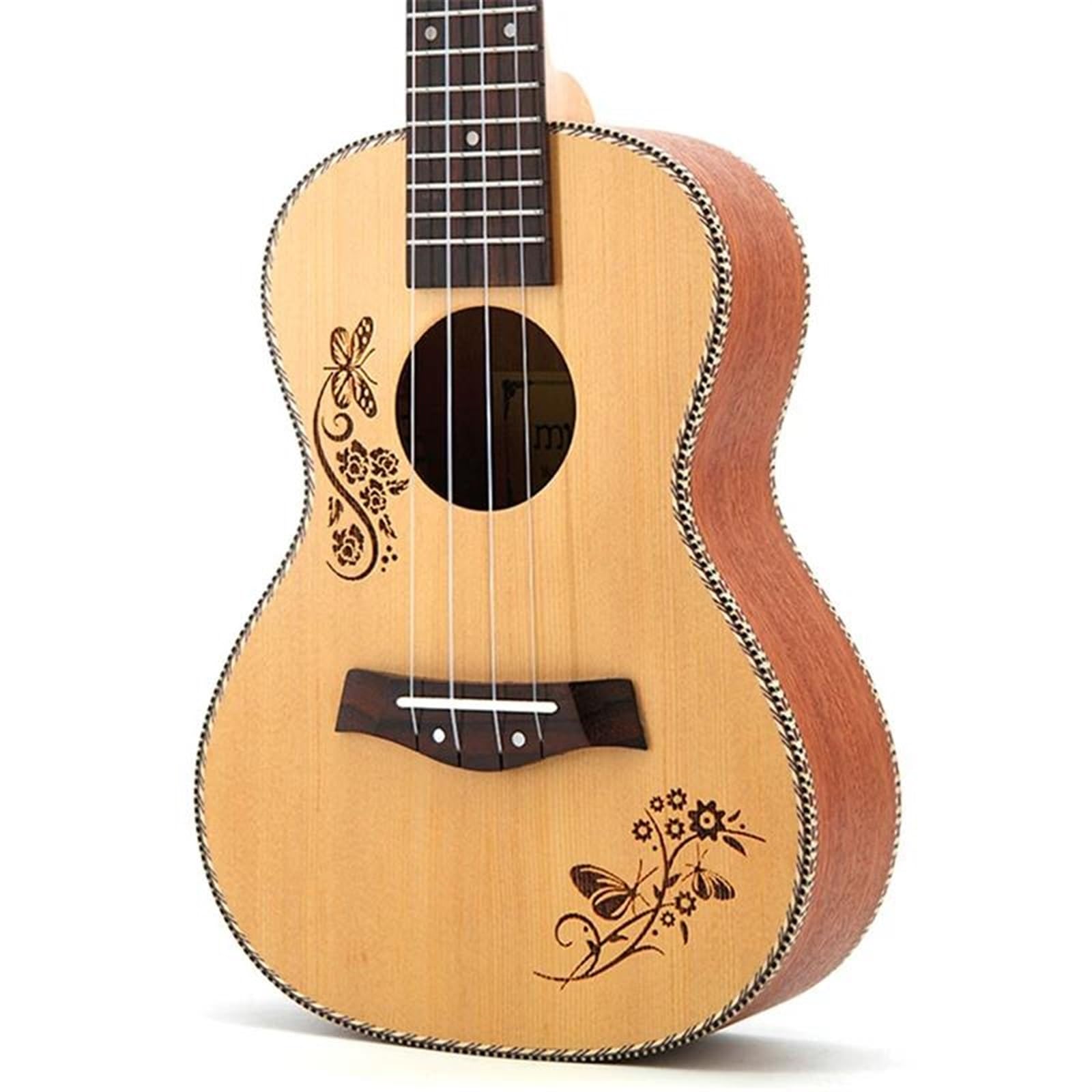 Ukulele Concert 23 Fichtendecke, Hawaiianische 4-saitige Gitarre Elektrische Ukulele, Schmetterlings-Herz-Blumenmuster(Color:Ukulele with bag)
