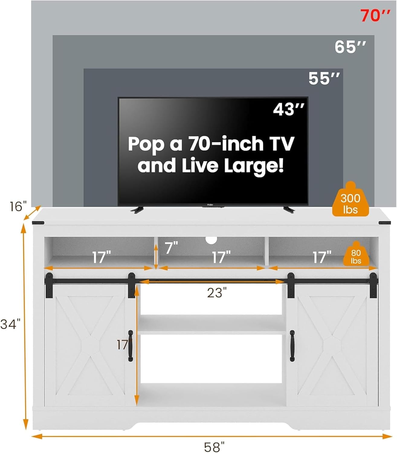 RoyalCraft Farmhouse TV Stand for 23" Fireplace, 34'' Tall Entertainment Center for 65+ Inch TV, 34" Tall Rustic TV Console with Sliding Bar Door for Living Room, White