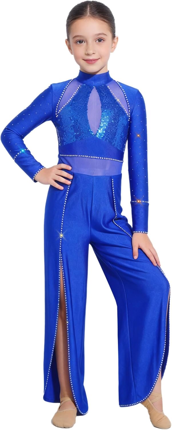 Jhaoyu Sparkly Ballet Leotard for Girls Long Sleeve Rhinestone Back Zip Slit Wide Leg Jumpsuit for Lyrical Dance Recital
