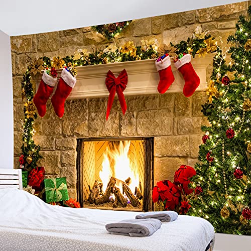 Hvest Christmas Fireplace Tapestry Wall Hanging Christmas Tree With Christmas Stocking Decor Wall Tapestry Xmas Tapestry Warm Christmas Wall Art For Bedroom Room Dorm Outdoor Decor, 60Wx40H Inches #TOP2