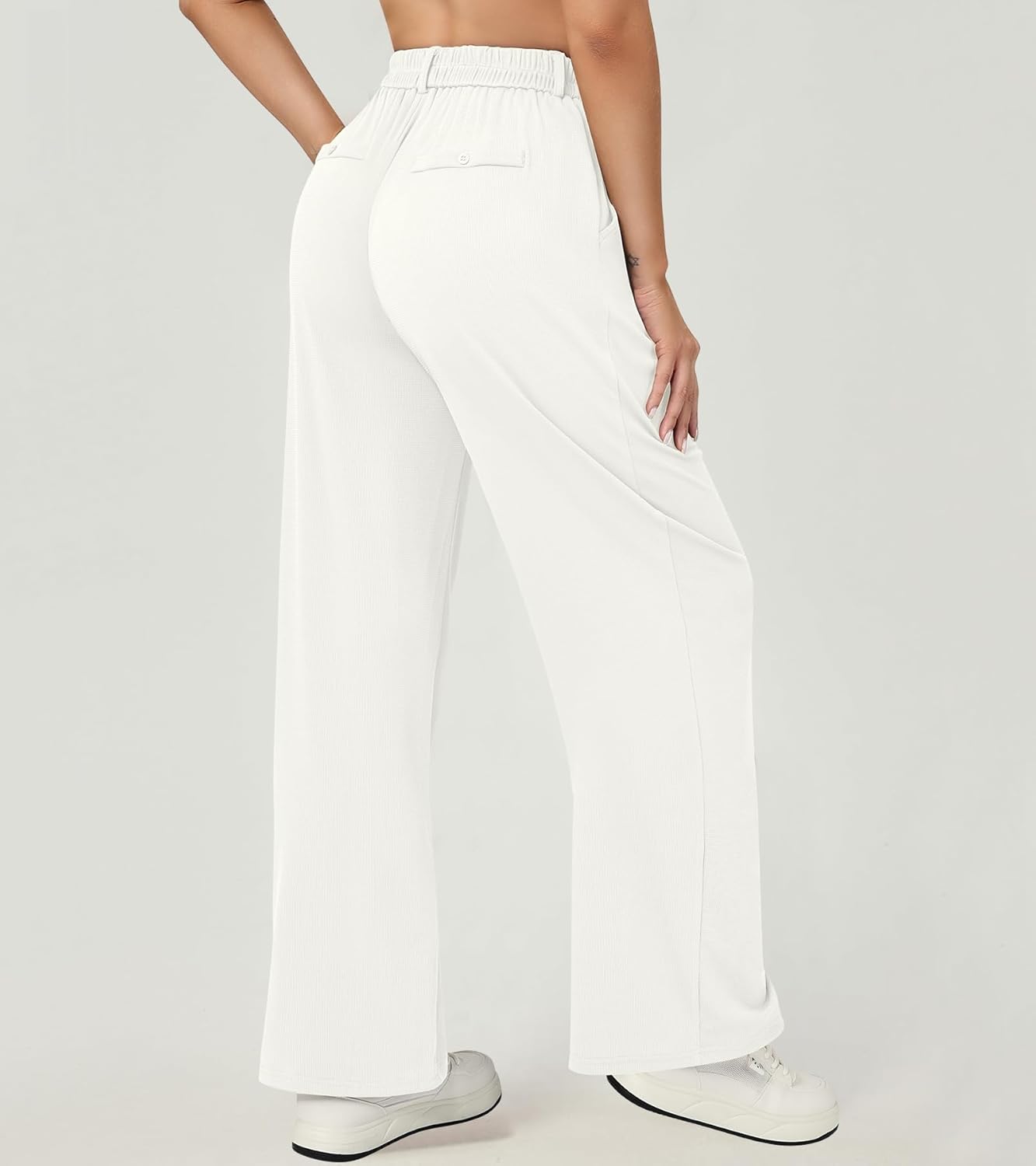 Wide Leg Pants for Women, High Waisted Stretchy Work Dress Casual Pants, Waffle Slacks Business Trousers-White, Medium - Image 2