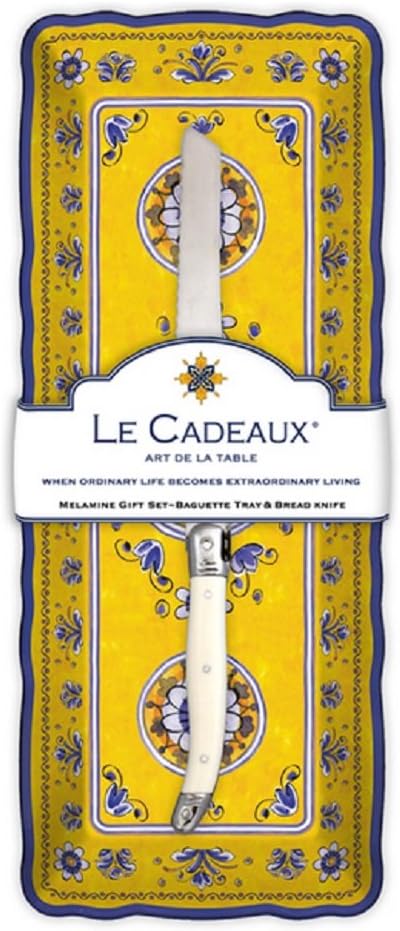 Le Cadeaux Benidorm Melamine Baguette Tray and Laguiole Bread Knife Gift Set, Yellow