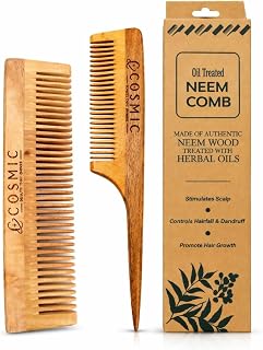 Cosmic Neem Wood Comb Set (Pack of 2) | Tail Comb with Handle + Wide Tooth Comb | Anti-Dandruff & Anti-Hair Fall | Oil Tre... Price In India