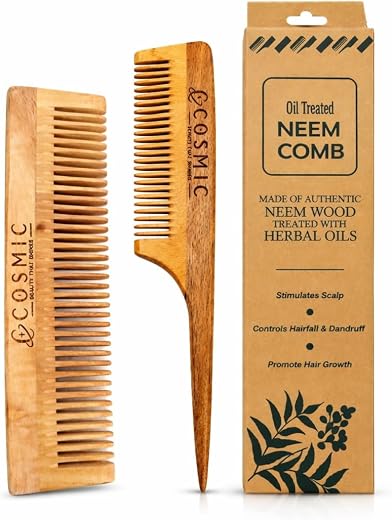 Cosmic Neem Wood Comb Set (Pack of 2) | Tail Comb with Handle + Wide Tooth Comb | Anti-Dandruff &amp; Anti-Hair Fall | Oil Tre...