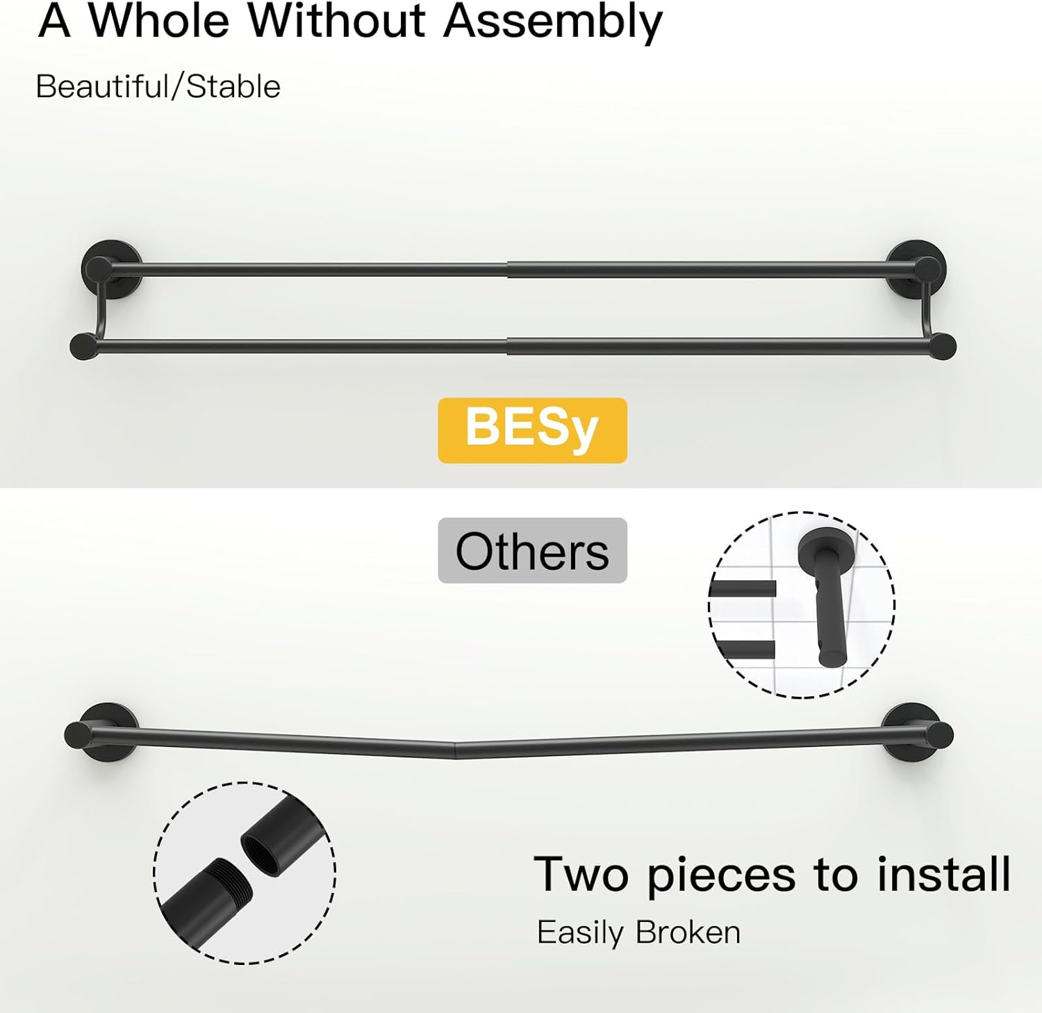 BESy Adjustable 16-26 Inches Double Bath Towel Bar for Bathroom SUS304 Stainless Steel Towel Holder, Hotel Style Wall Mount with Screws Hand Towel Bar Towel Rack Rod Hanger, Matte Black Finish