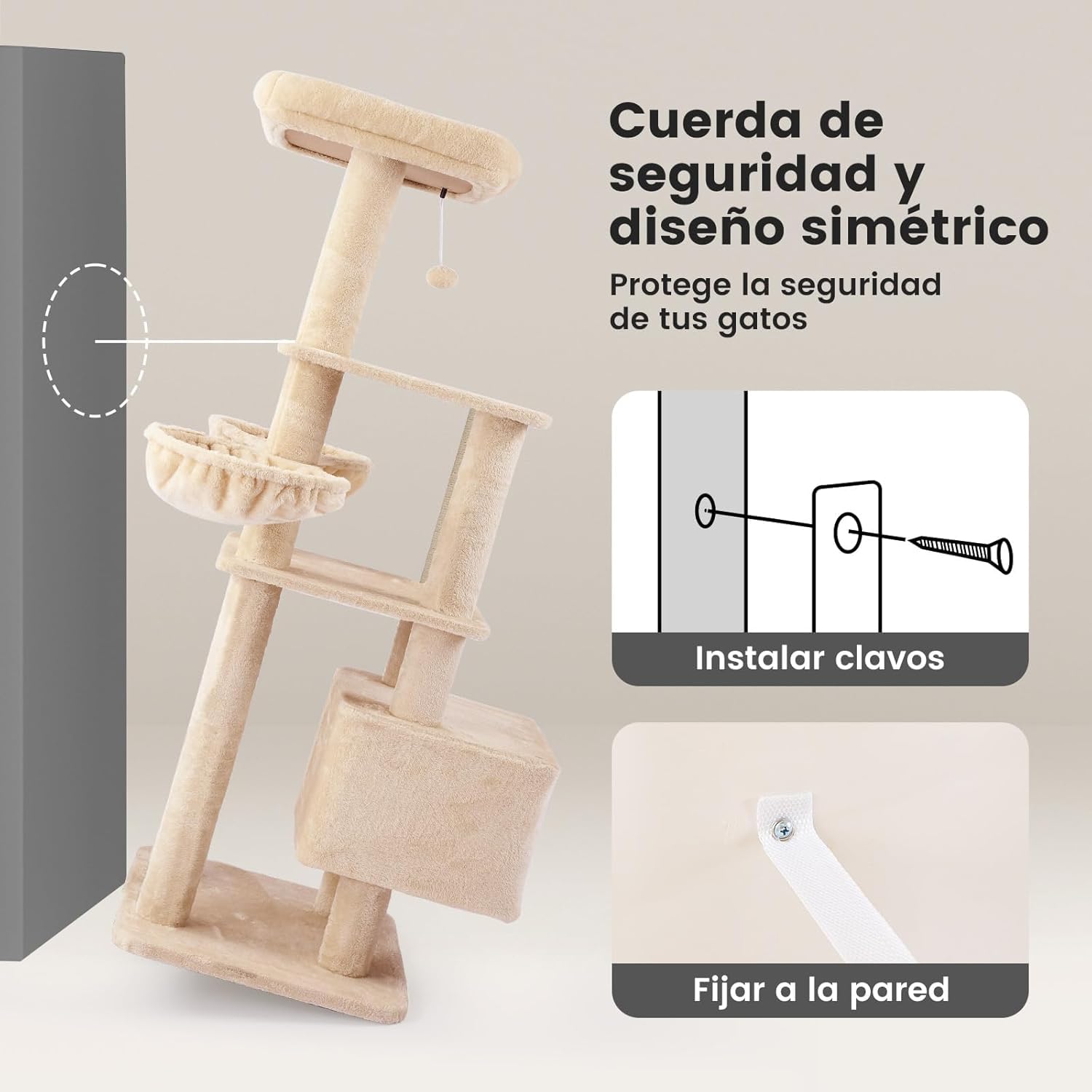 Gardner Pet Rascador para Gatos 165 cm-Beige | Poste de Sisal, 6 Niveles Ultra-Estable, Diseño Anti-Oscilante, Posaderos Superiores Lavables, Castillo para Gato