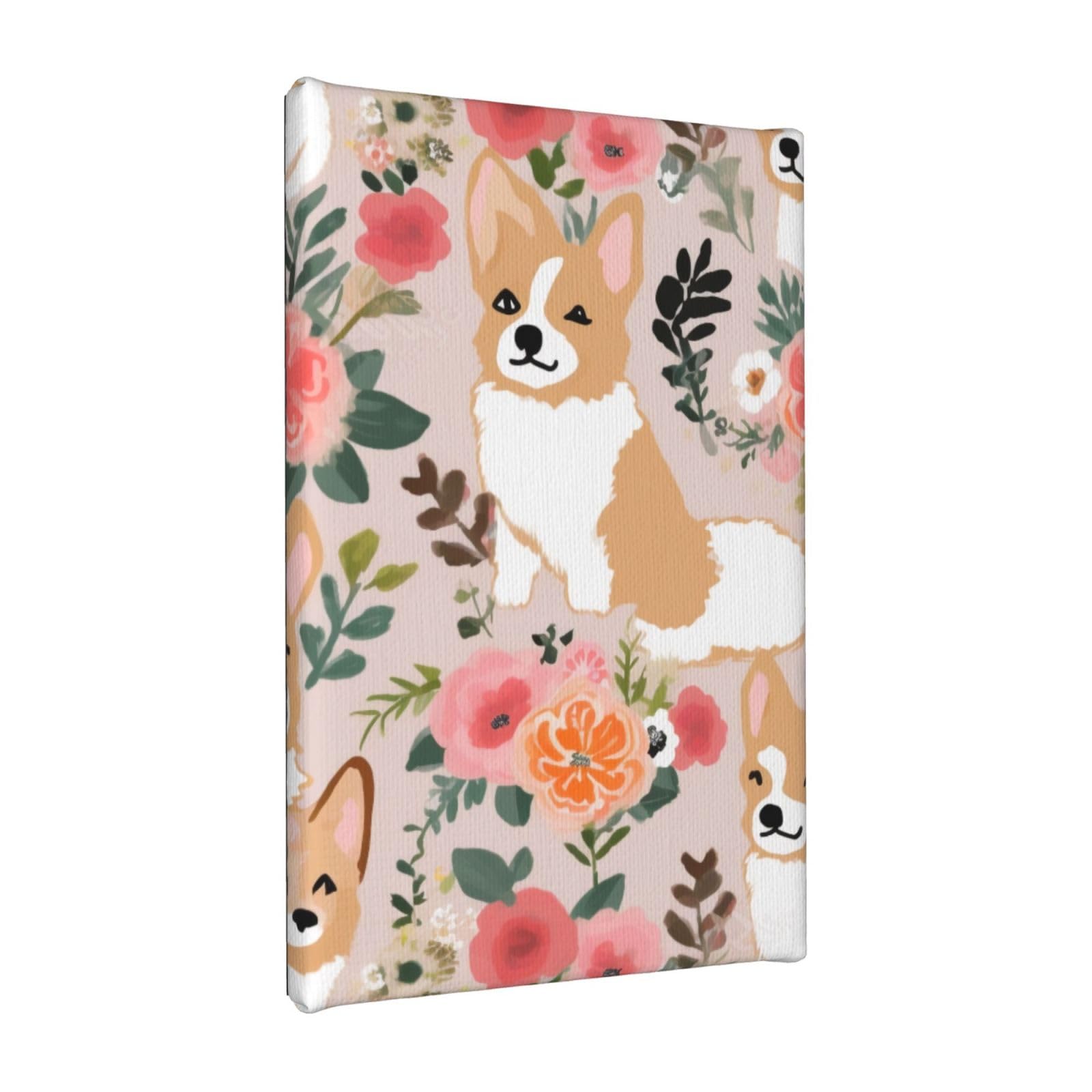 YKLJG Corgi Floral Flowers Printed Wall Art Canvas Painting 20x30 CM Wooden Framed Picture Painting Artwork Prints for Bedroom Kitchen Home Office Decor