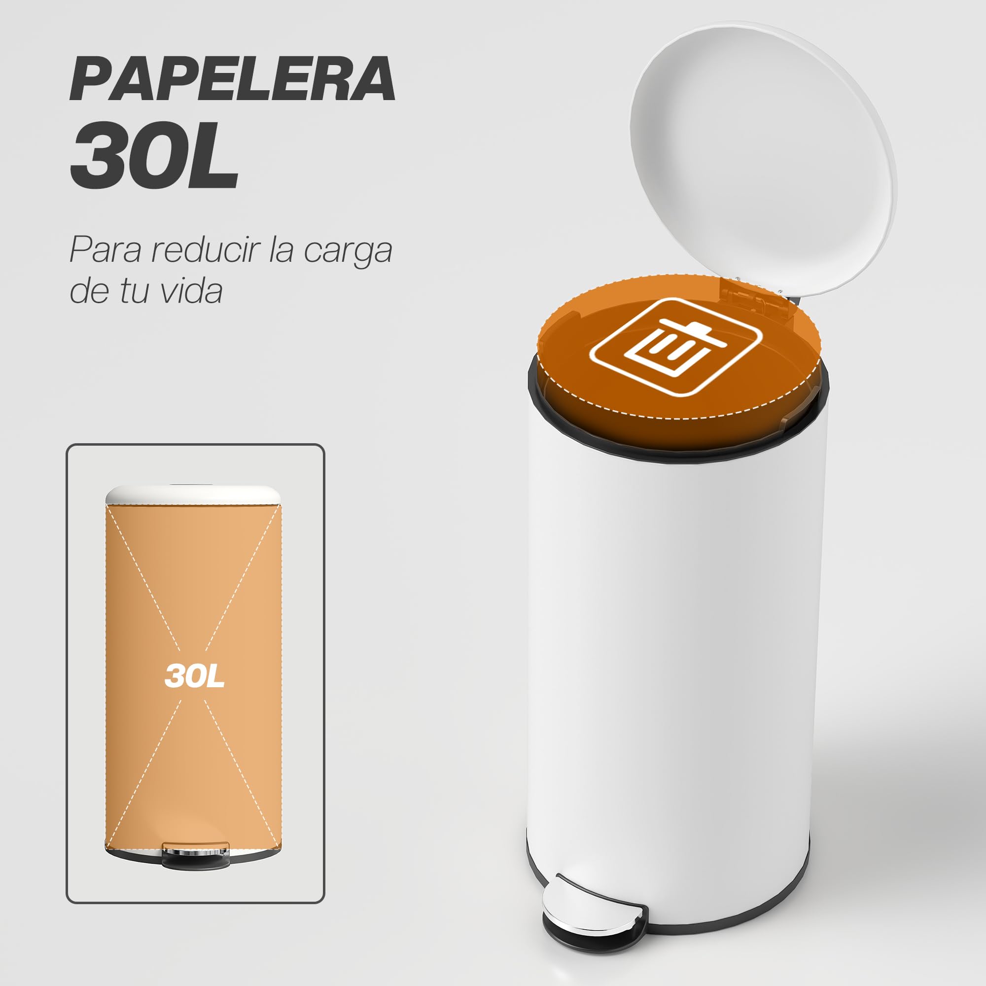 HOMCOM Cubo de Basura para Cocina 30L Papelera de Cocina con Pedal Tapa de Cierre Suave y Cubo Extraíble para Dormitorio Oficina Estudio Salón Crema