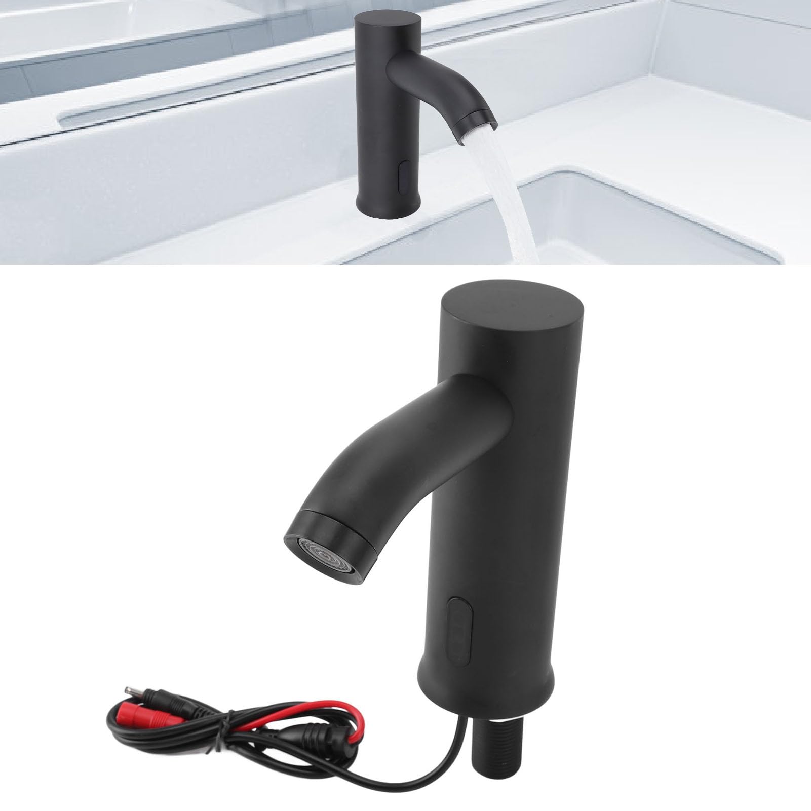 Grifo con sensor de movimiento automático, funciona con batería, vertical, sin contacto, con sensor infrarrojo, para baño, cocina, color negro