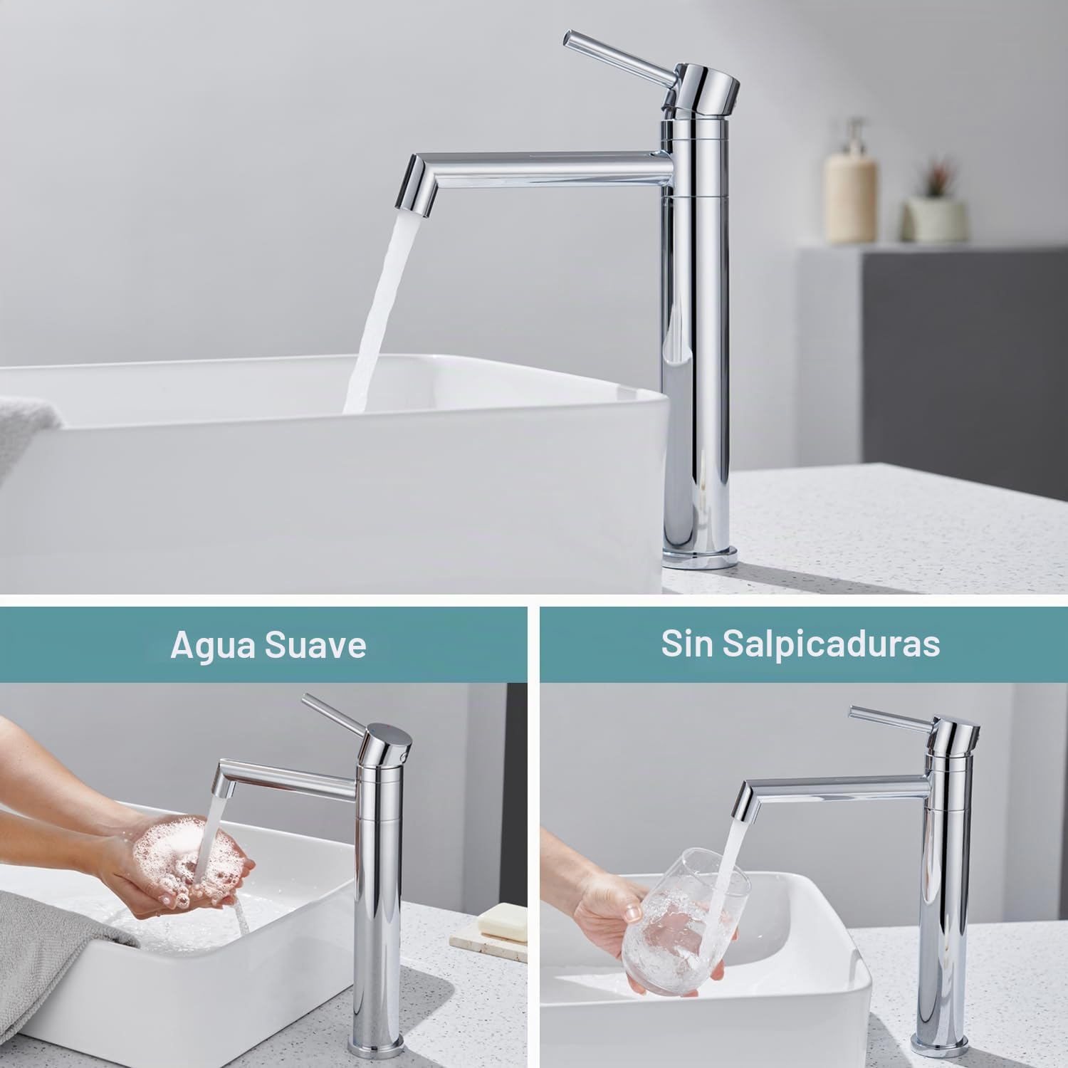 Ulytid Grifo Lavabo Alto Cromado, Grifo de Baño Giratorio de 360° para Lavabos Elevados, Mezclador Monomando de Acero Inoxidable 304 con Altura Del Caño de 204 mm, Agua Fria y Caliente Disponible