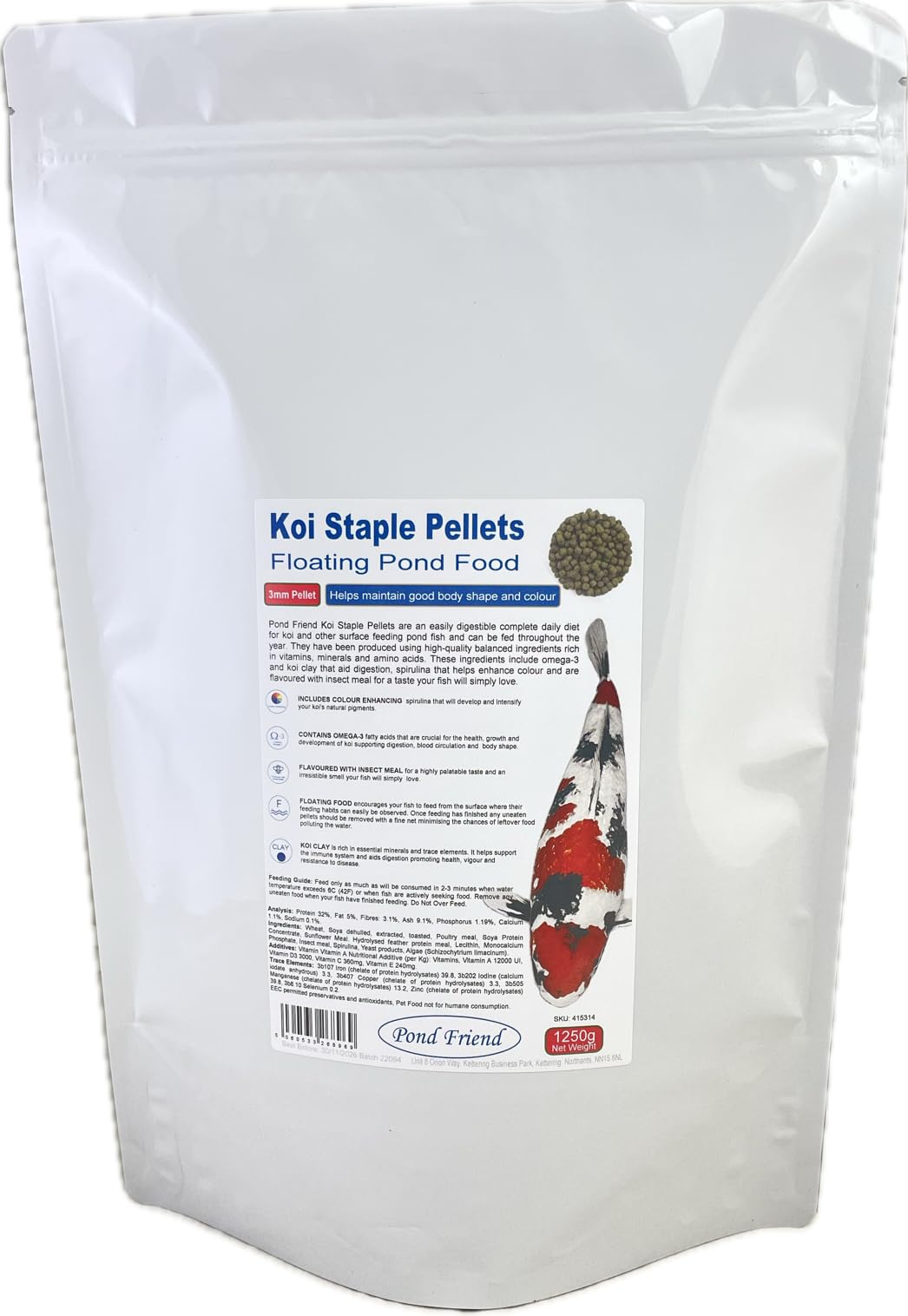 Pond Friend Koi Staple Pellets Floating Fish Food 1250g 3mm With Spirulina Colour Enhancer