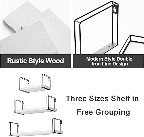 Miniatura 6 de SRIWATANA Juego de 3 estantes flotantes blancos de montaje en pared, estantes colgantes de pared, estantes de madera rústica de 17 pulgadas