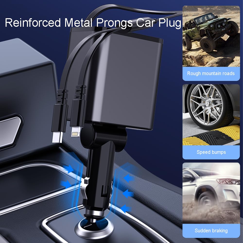 Caricabatteria da auto retrattile 2 in 1 da 90 W con cavi Lightning e tipo C, porta USB, display di tensione, ricarica rapida per tutti i dispositivi mobili