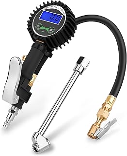 RVZONE Digital Tire Inflator with Pressure Gauge 0-150 PSI Air Pressure Gauge with Rubber Hose Air Compressor Tire Inflator Attachment with Brass Air Chuck and Air Rod