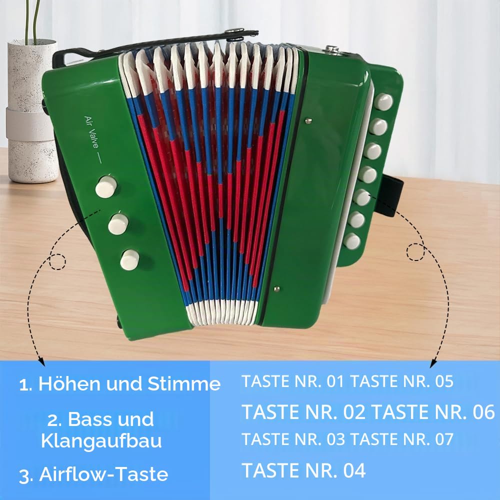 Btuty Akkordeon 7 Tasten 2 Bass Musikinstrument ABS Material für Anfänger Knopfakkordeon Leichte Hand-Augen-Koordination Leistung auf der Bühne (roheline)