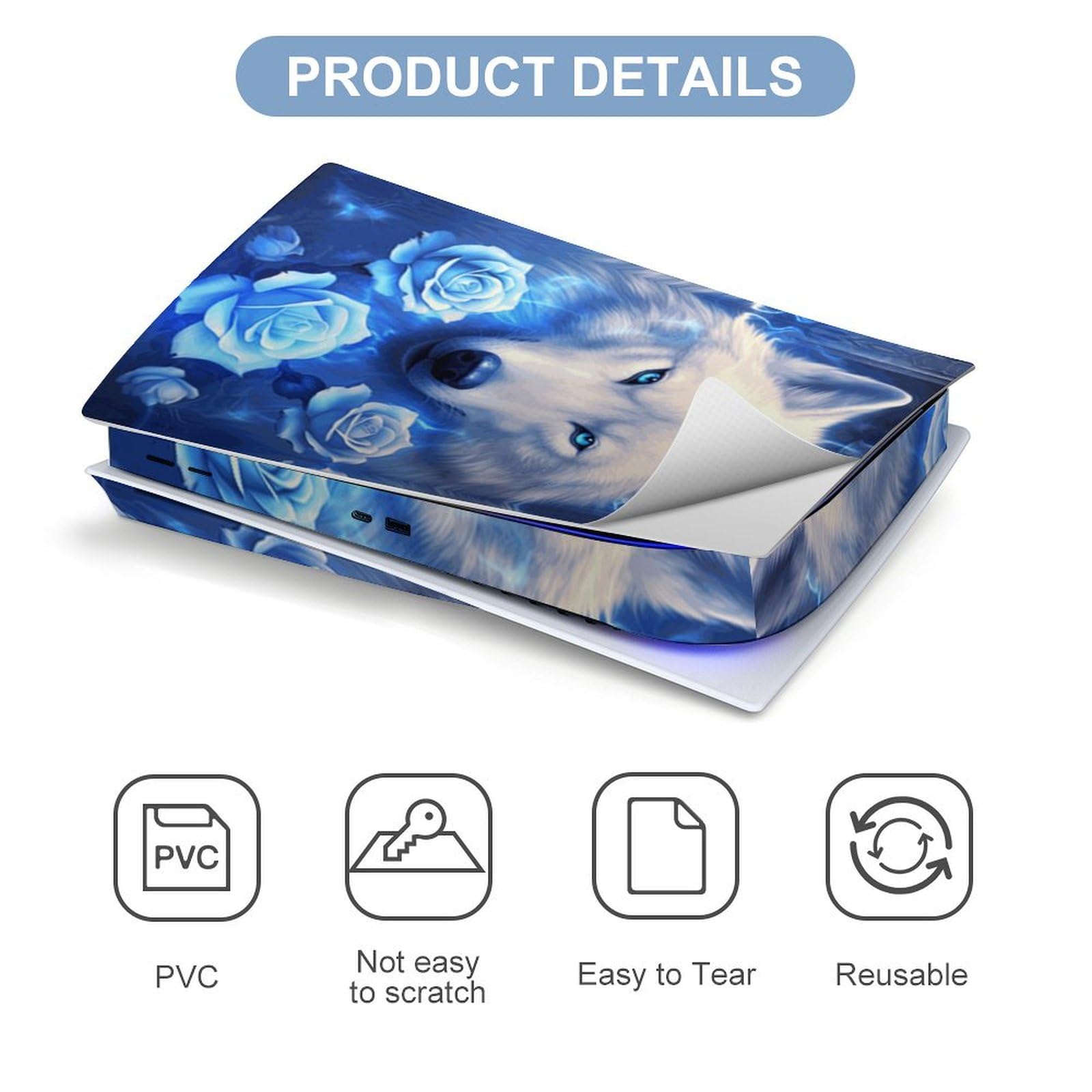 Fantasy Wolf Roses PS5 Skin - Funda de vinilo para consola y mando de Playstation 5 Disc Edition