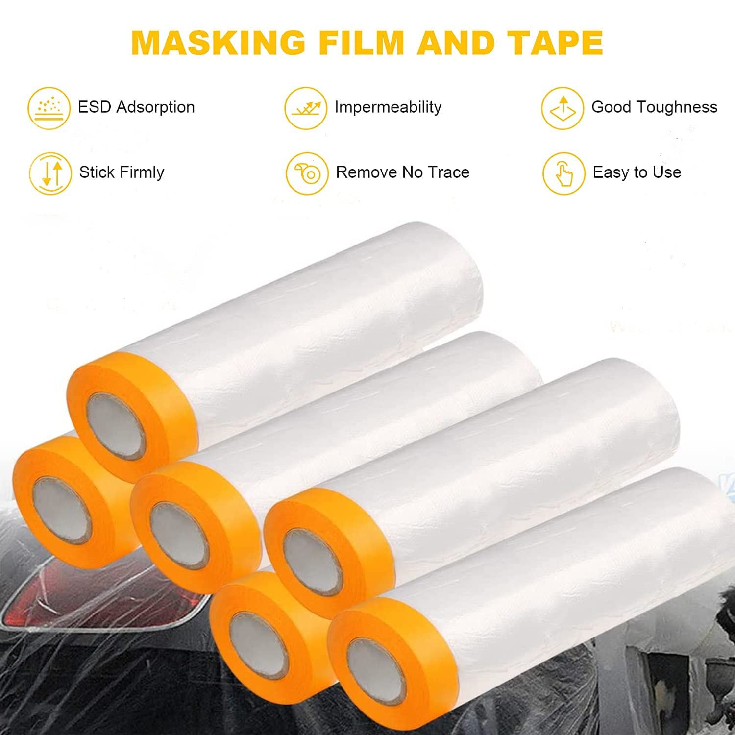 Pintores de plástico con cinta, película de enmascarar precintada, 6 rollos de cinta y cortina automotriz, rollo de película protectora adhesiva de pintura para cubrir zócalos, marcos, automóviles y