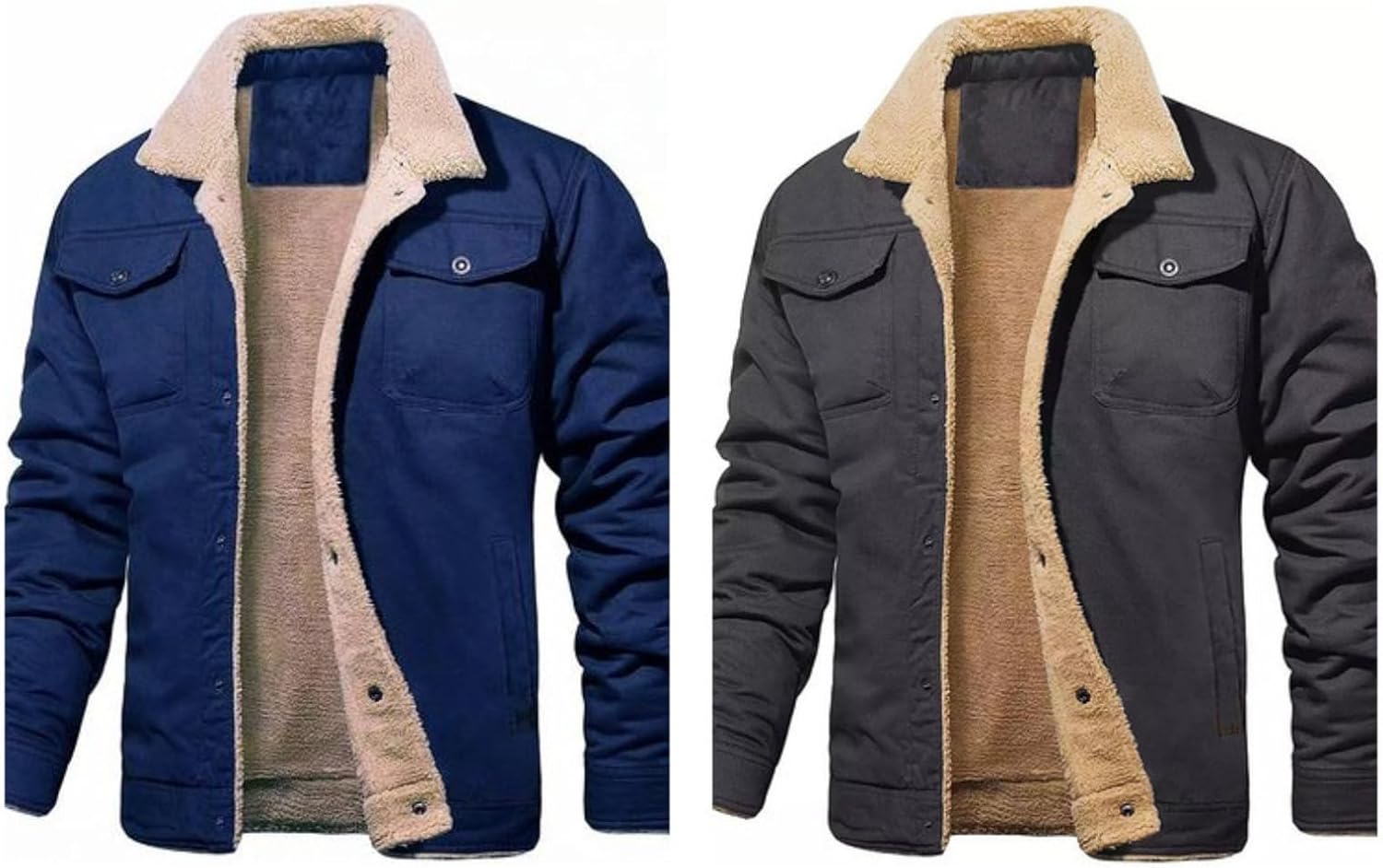 Men's Winter Slouchly Jacket Fleece Lined Cotton Cargo Coat Thickened Thermal Trucker Jacket with Multi Pockets