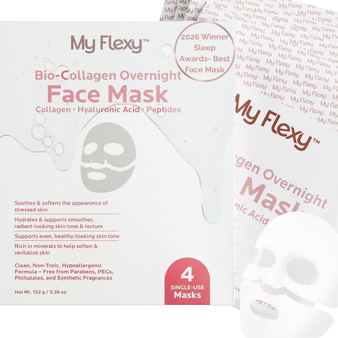 Bio Collagen Overnight Facial Mask with Peptides, Hyaluronic Acid & Antioxidants, Brightening Hydrating Facemask for Women, Hydrogel Korean Face Masks Skincare, Facial Sheet Skincare - 4 Pack