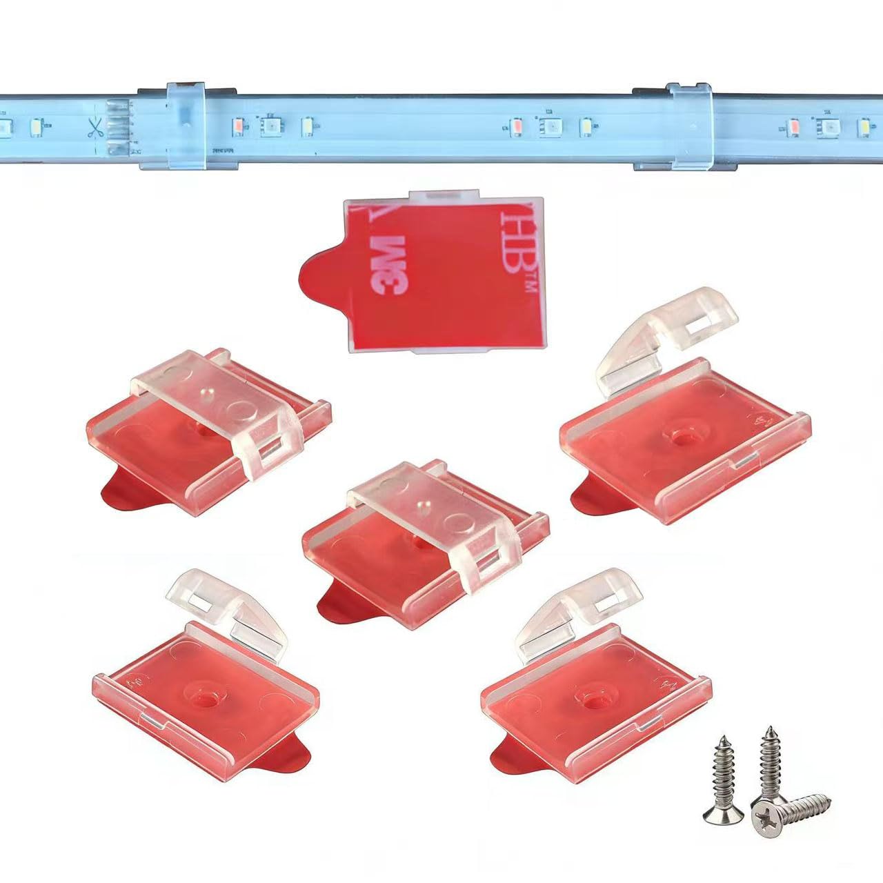 ATB- Przyszłe klipsy do taśm LED do wodoodpornych taśm LED IP67/IP68 o szerokości 12 mm - 14,5 mm i grubości 2,7 mm - 4 mm, samoprzylepne i śrubowe podwójne instalacje. Przezroczyste i 100 szt.