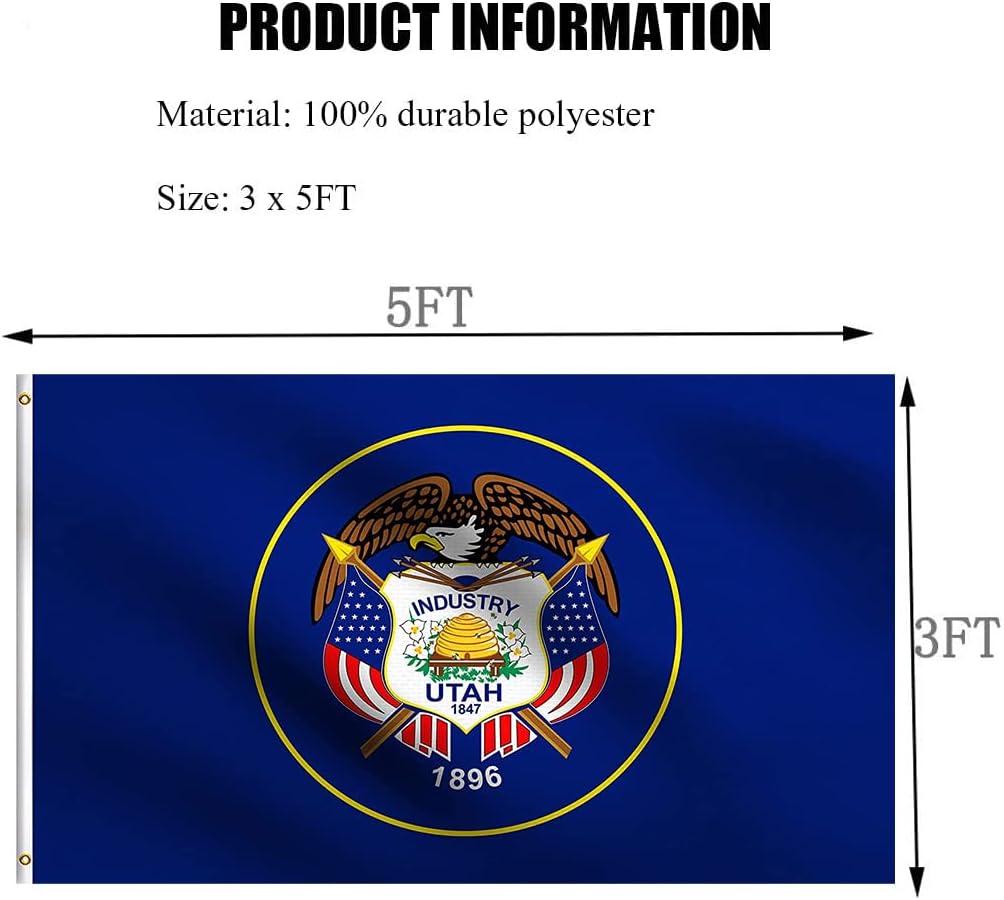 Utah Flag Outdoor 3x5 Ft Double Sided Heavy Duty Polyester Utah State Flag Long Lasting 4 Rows Hemming UT Flags with 2 Brass Grommets