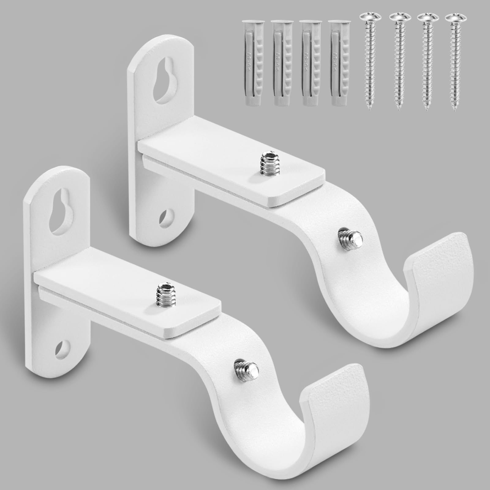 AMZSEVEN Adjustable Curtain Rod Brackets, Metal Window Drapery Rod Hanger Holders Hooks for 1 inch Rods (White, Set of 2)