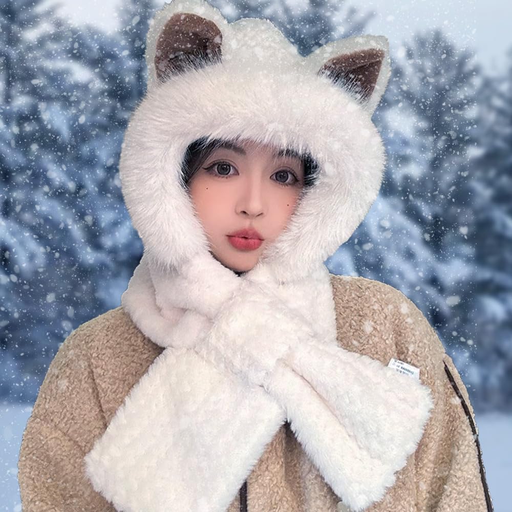 Bonito gorro y bufanda 2 en 1 2025, protección integrada para los oídos, bufanda resistente al viento, gorro cálido de invierno para mujer