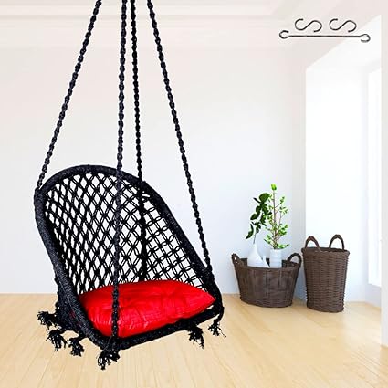 Swing for Adults/Jhula for Adults/Wooden Swing for Living Room, for Balcony/Swing Chair/Swing for Adults for Home/Cotton D Shape Hammock Hanging Swing/Includes Red Cushion & Hanging Kit-Black