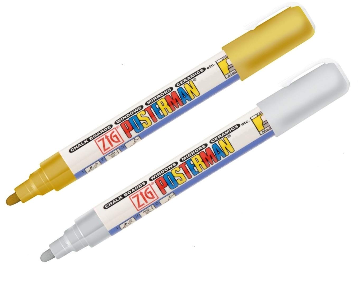 ZigPOSTERMAN CHALK MARKERS ARE EFFECTIVE ON SURFACES SUCH AS GLASS, PLASTIC, METAL, WOOD AND STONE 101 GOLD & 102 SILVER PACK OF 2 PCS TIP SIZE: 2 mm