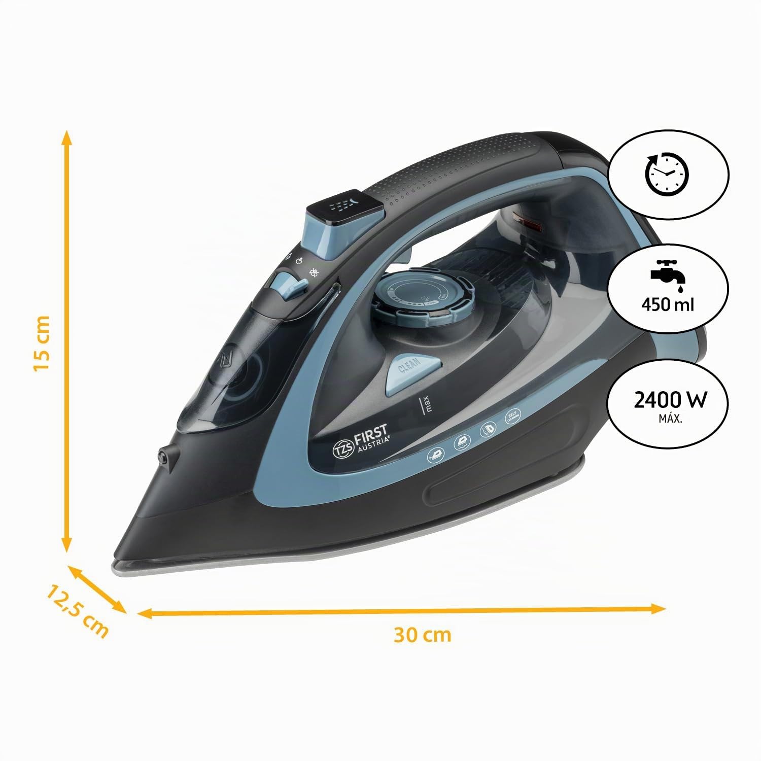 TZS First Austria - Plancha de vapor sin cable con estación 2400W - Con depósito de 450 ml, sistema antigoteo, temperatura e intensidad regulable y suela de cerámica - Con vapor vertical