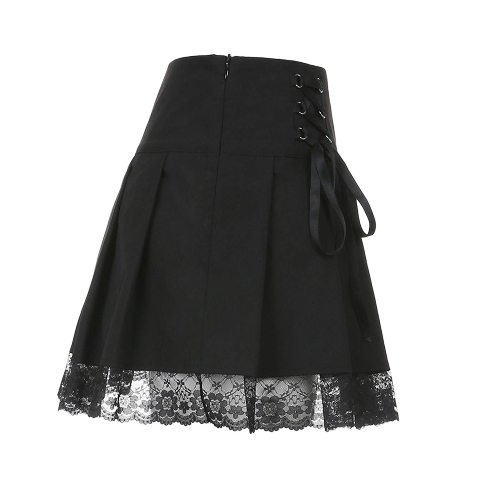 Women Lace Patchwork Mini Pleated Skirts High Waist Lace Up Ruffle Short Skirts Harajuku Goth Skirt: Large Black