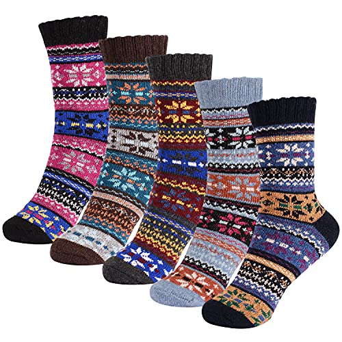 5 PCS Socks for Women and Boys, seasky Winter Vintage Knit Women Socks Comfort Casual Cotton Crew Socks Thick Warm Socks Casual Winter Socks Free Size Socks Gifts